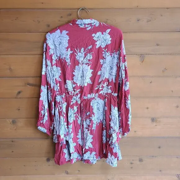 Free People Dress Shake It Mini XS Red Floral Cottagecore Boho Flowy Shirtdress - Picture 3 of 5